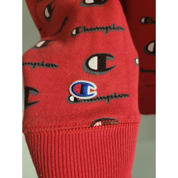 Champion Boys Red Pull Over Crew Neck All Over Logo Sweater Size M - Picture 3 of 4